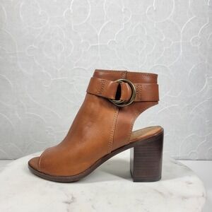 Frye Danica Harness Open Toe Ankle Booties 7.5 Brown Cognac Leather Peep Toe